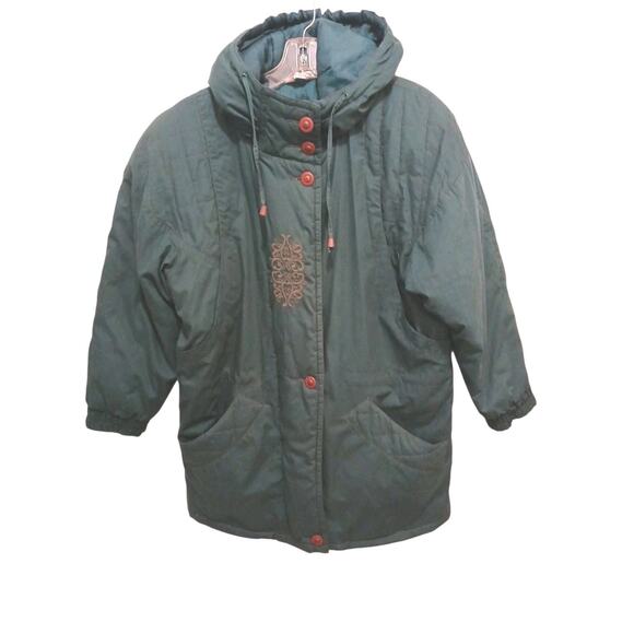 British Mist Hood Puffer Winter Coat M Green Embroidered Grannycore Cottage Gorp - Picture 14 of 16